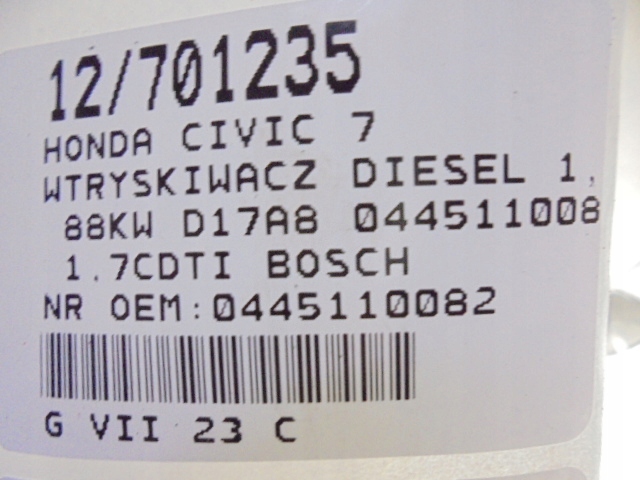 фото №8, Honda civic 7 vii форсунка дизель 0445110082 1,7cdti 88kw d17a8