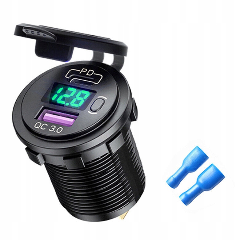 фото №7, Зарядное устройство автомобильная usb qc3.0 + pd usb c woltomierz кнопка on/off