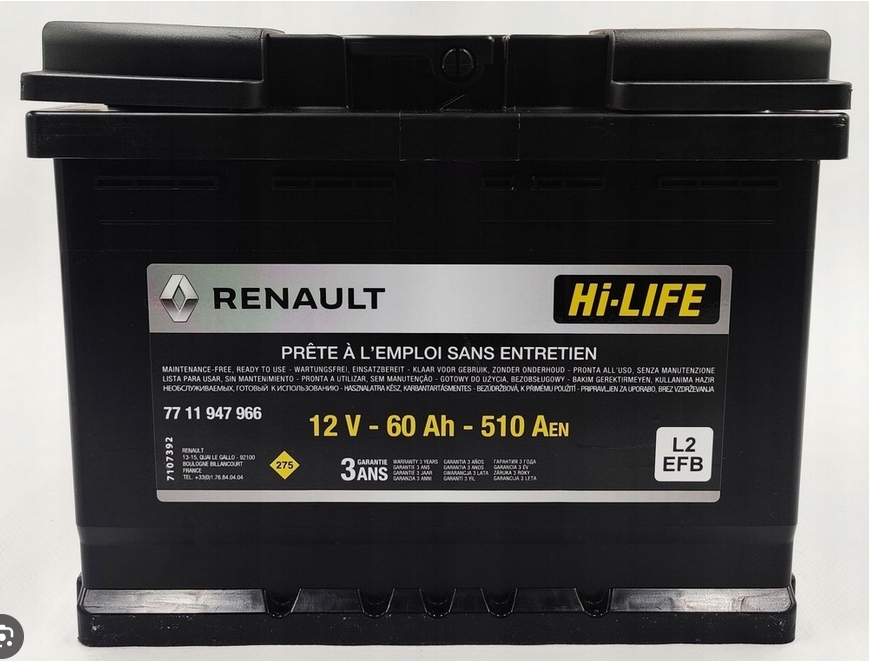 Купить Аккумулятор 7711947966 оригинал renault dacia l2/60ah/510a efb