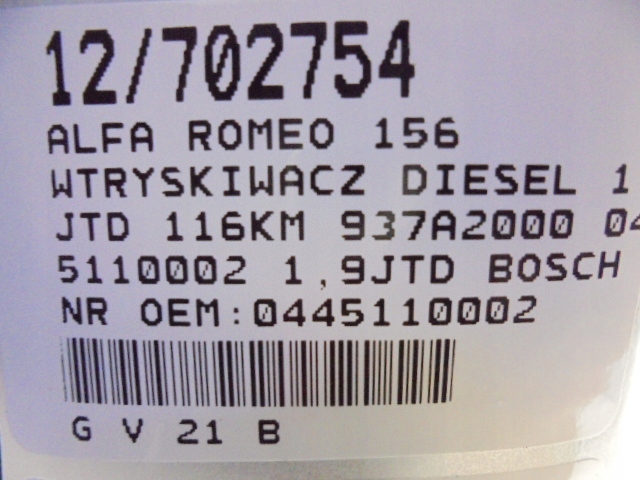 фото №8, Alfa romeo 156 форсунка дизель 0445110002 1,9jtd