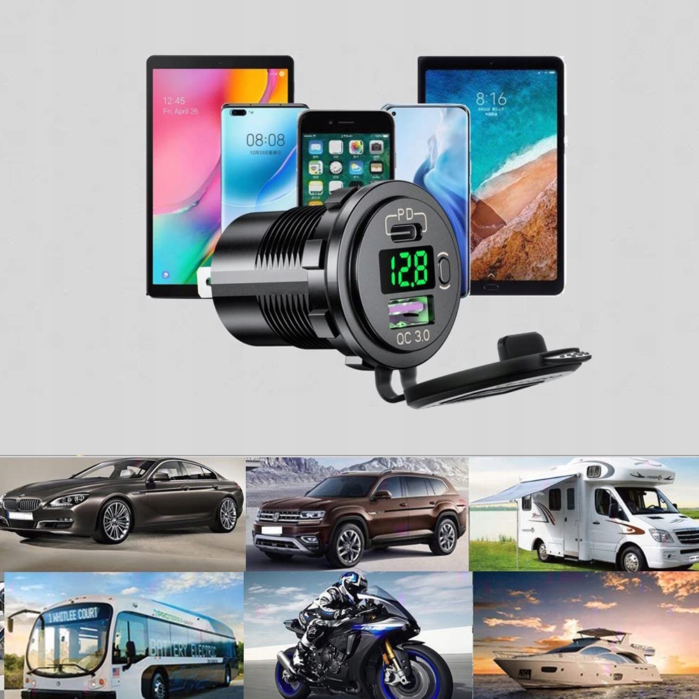 фото №11, Зарядное устройство usb qc3.0 разъём прикуривателя кнопка