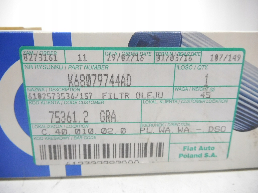 фото №10, Фильтр масла chrysler grand voyager 68079744ad