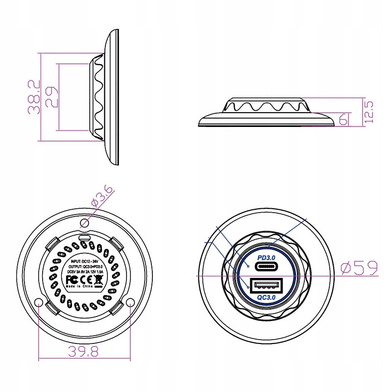 фото №14, Зарядний пристрій панель круглий usb qc3.0 + pd usb c швидкі заряджання 48w 12v 24v