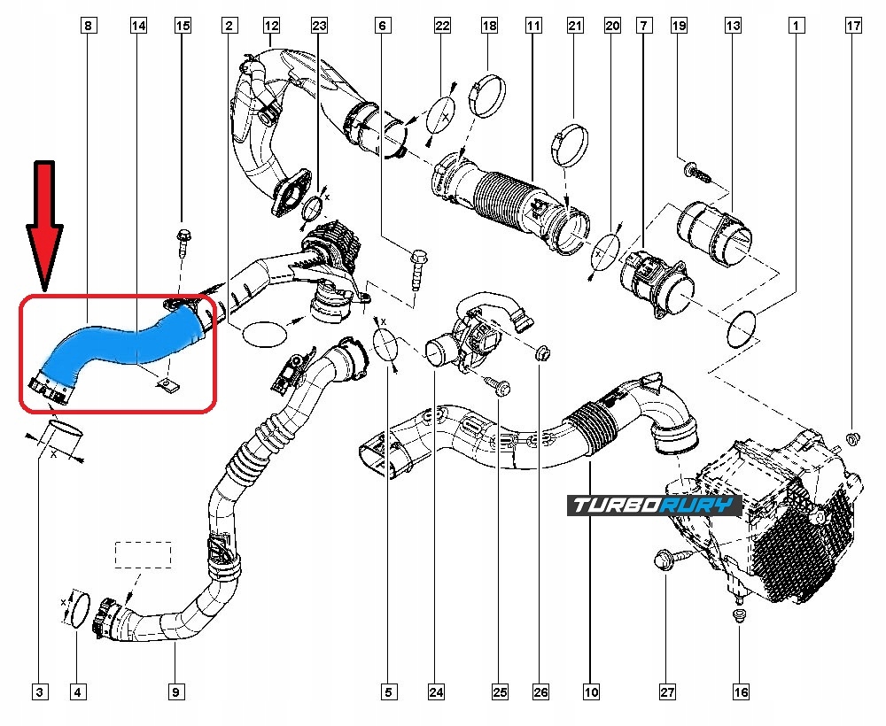 фото №10, Труба wąż turbo интеркулер dacia duster renault clio iv 1.5 dci 144609034r