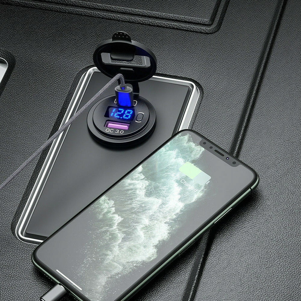 фото №9, Зарядное устройство автомобильная usb qc3.0 + pd usb c woltomierz кнопка on/off