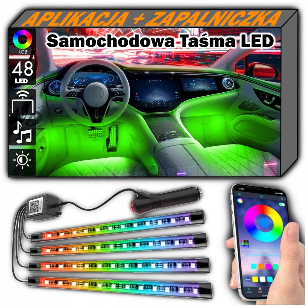 фото №1, Стрічка led do автомобіля світлодіоди rgb gadżety кабіни 4w1 набір прикурювач apka