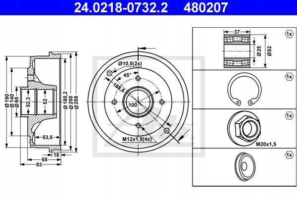 Барабан тормозной. renault clio 2 98- с подшипник ate 24.0218-0732 Цена