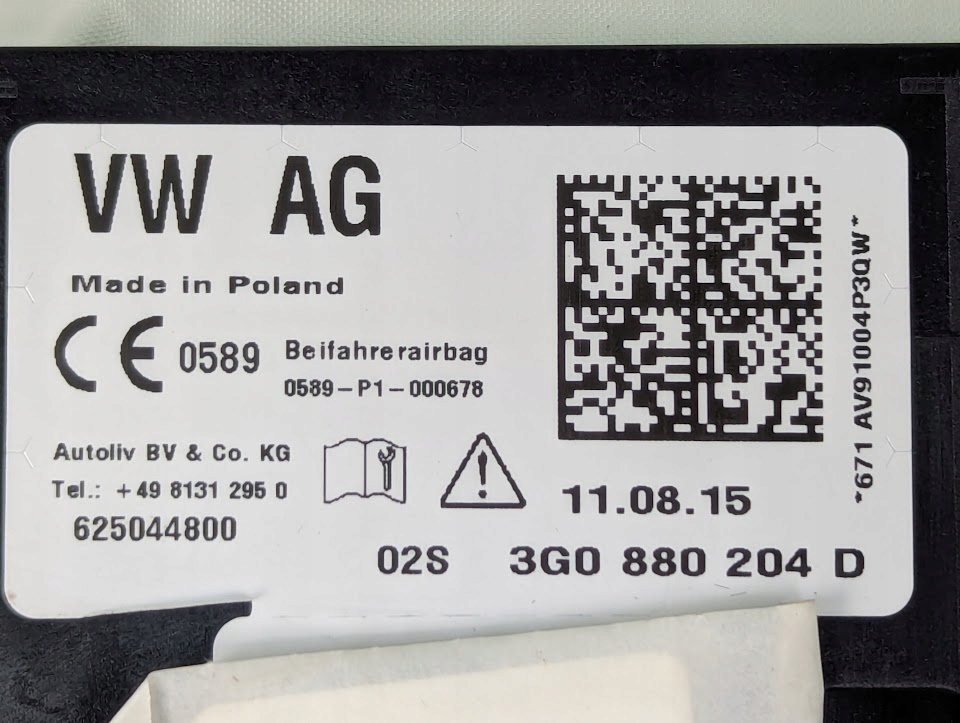 фото №9, Подушка безопасности подушка пассажира volkswagen passat b8 3g0880204d